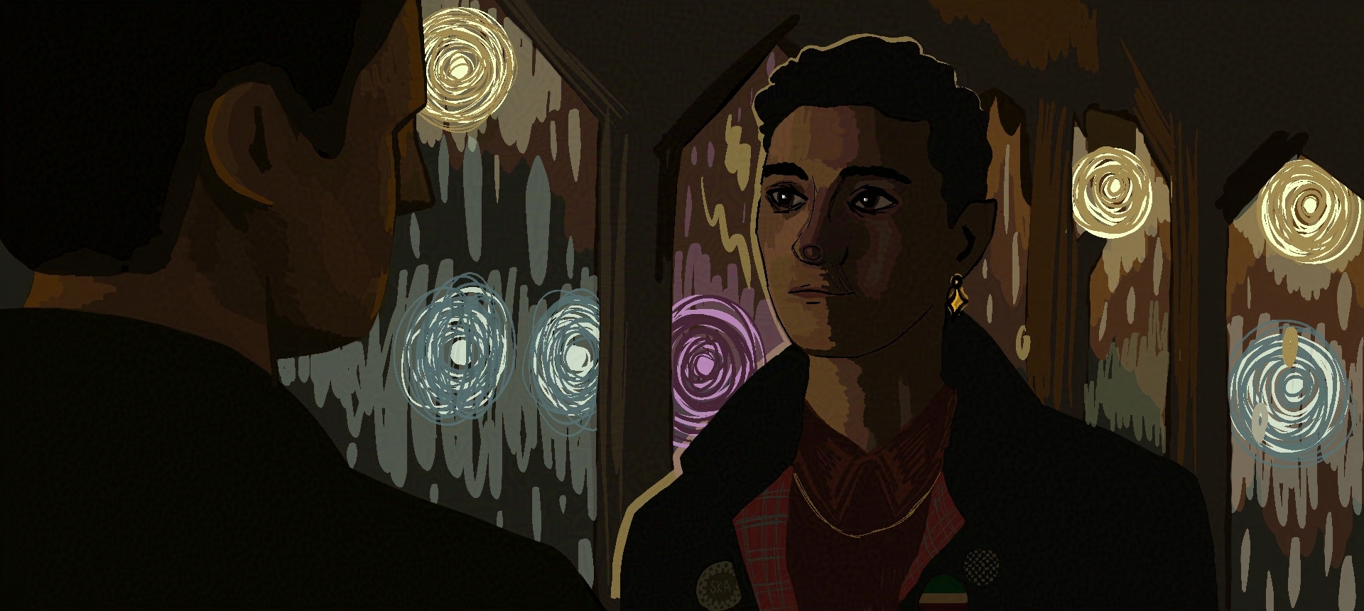 digital art of the character Charles Rowland, around him lights of many colours are drawn as big swirling circles